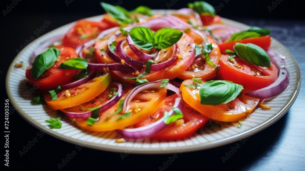 Plate with tomatoes, onions and basil. Neural network AI generated art Plate with tomatoes, onions and basil. Neural network AI generated art