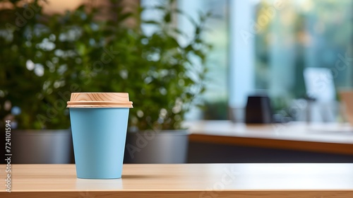 Sky Blue Coffee Cup on a wooden Table. Blurred Interior Background