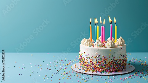 A delicious celebration cake with vibrant sprinkles and twenty-one candles. Perfect for birthdays and special events photo
