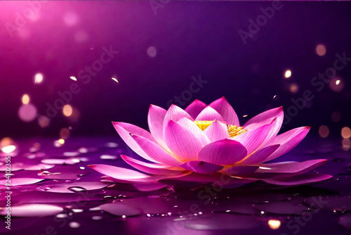 Pink light purple lotus floating sparkle purple backdrop. Idyllic artistic image, amazing wallpaper. Beauty of nature concept backgrounds. Copy ad text space. Generative Ai illustration