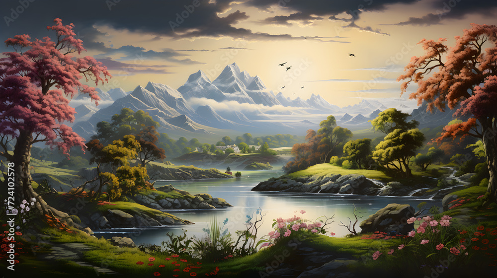 A painting of a mountain landscape with a waterfall and a mountain in the background,,



