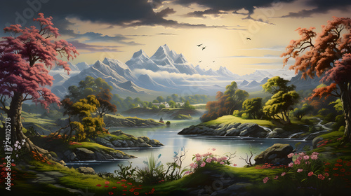 A painting of a mountain landscape with a waterfall and a mountain in the background,,