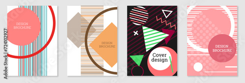 Set of cover design in Memphis style. Geometric design, abstract background. Fashionable bright cover, banner, poster, booklet. Creative colors.
