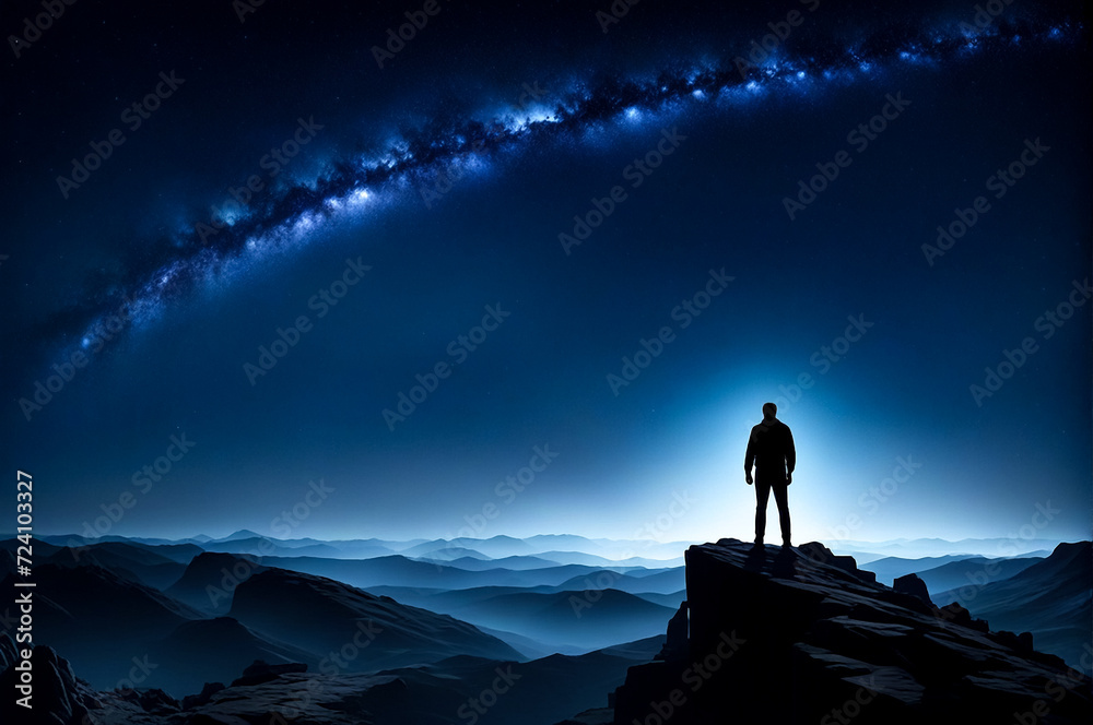 Silhouette of man standing on high rock at night sky with stars rise, nebula background. Amazing picture of night landscape. Fairy tale cosmic concept. Copy ad text space. Generative Ai illustration