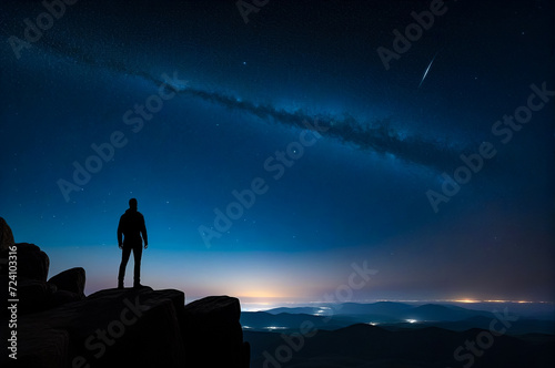 Silhouette of man standing on high rock at night sky with stars rise  nebula background. Amazing picture of night landscape. Fairy tale cosmic concept. Copy ad text space. Generative Ai illustration