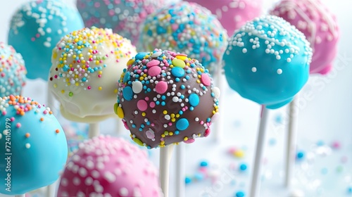 several colorful cake pops on sticks on white background, rounded, dotted, brightly colored, pop art sensibilities,