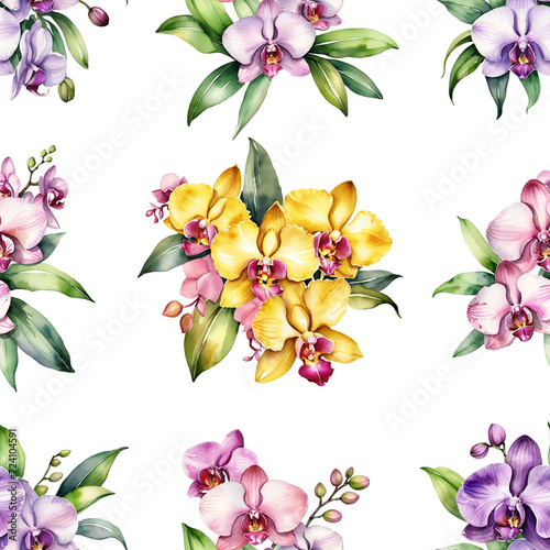 Pattern of flowers and orchid leaves. Watercolor illustration on a transparent background.