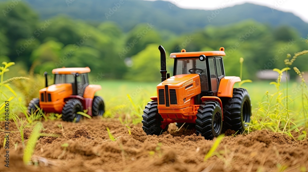 The combine is harvesting. Toy tractor in the field of cereals. Illustration for cover, card, postcard, interior design, banner, poster, brochure or presentation. The combine is harvesting. Toy tractor in the field of cereals. Illustration for cover, card, postcard, interior design, banner, poster, brochure or presentation.