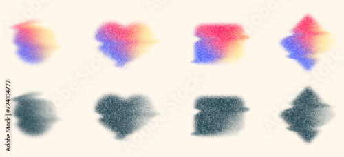 Set of elements with vector noise texture, holographic blur abstract background. Colored watercolor gradient mesh of gradations of neon iridescent colors and in black and white version.