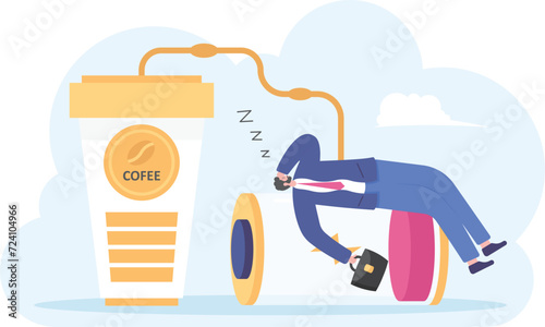 Tired sleepy businessman low battery charger with coffee, illustration vector cartoon

