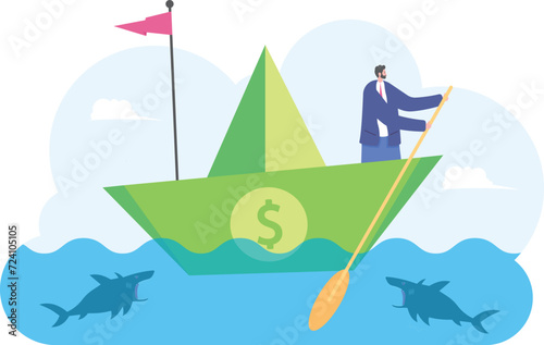 Businessman rowing on a dollar boat in the sea surrounded by sharks, Business financial concept,

