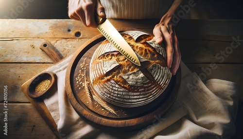 Whole Grain Bread on Wooden Plate with Chef Holding Golden Cutting Knife: Artisanal Rustic Texture in Warm Inviting Lighting