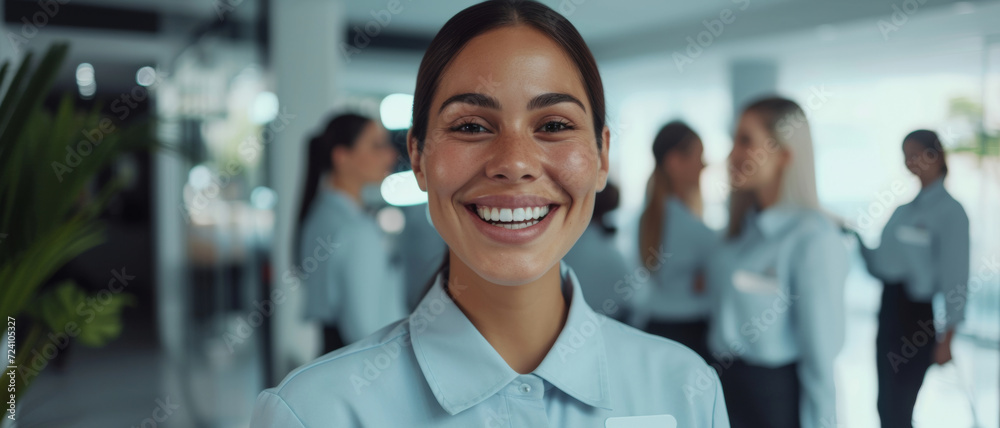 Radiant welcome, a cleaning company employee greets with a bright, service-ready smile Radiant welcome, a cleaning company employee greets with a bright, service-ready smile