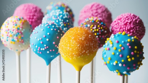 several colorful cake pops on sticks on white background, rounded, dotted, brightly colored, pop art sensibilities, © pvl0707
