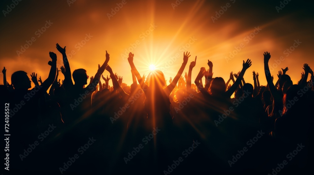 Silhouette of a dancing crowd against a sunset background. Neural network AI generated art Silhouette of a dancing crowd against a sunset background. Neural network AI generated art