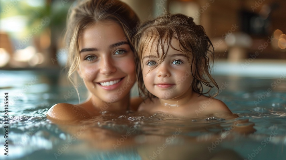 A happy child playing in the pool together with mother, generative ai.