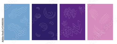 Creative minimalistic abstract art posters on colored backgrounds in doodle style. Design for wall decoration, postcard, poster or brochure.