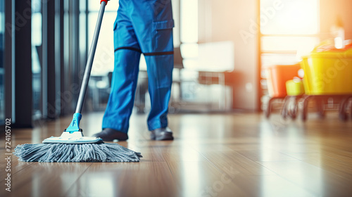 Cleaning service worker with mop in office closeup photo