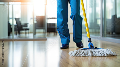 Cleaning service worker with mop in office closeup