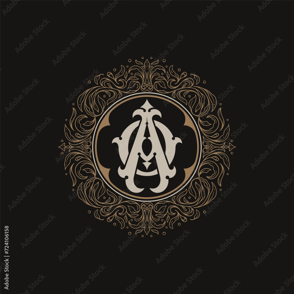 Victorian style monogram with initial AO or OA. Badge logo design. can be applied on stationery, invitations, signage, packaging, or even as a branding element and etc