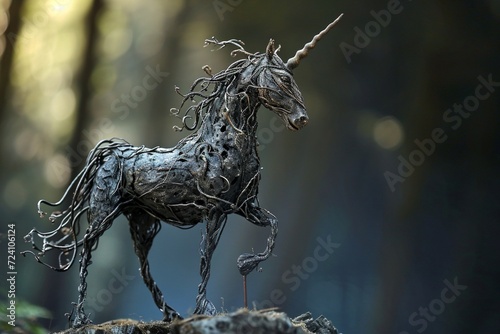 a mythical metal wire-framed unicorn, blending grace and magic in a minimalist sculpture statue.