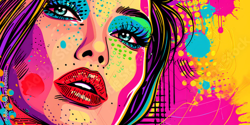 Abstract halftone comics woman background - Modern design shapes in pop colors banner © Orkidia