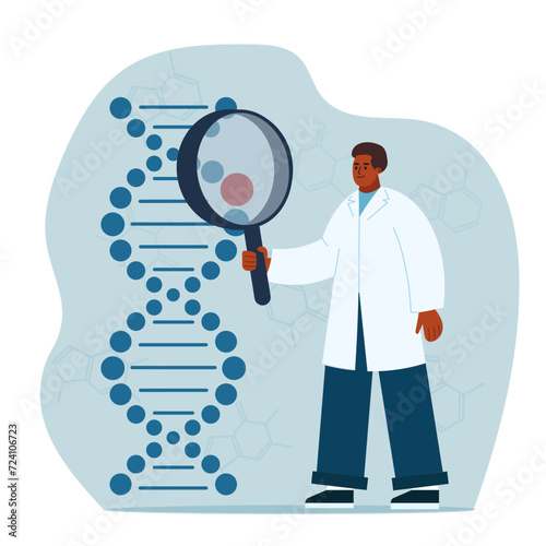 Laboratory research biotechnology concept. Scientist holding magnifier glass and checking dna helix. Genetic engineering concept. Vector illustration