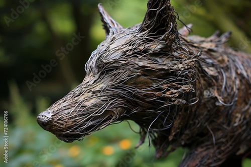 a powerful metal wire-framed wolf, embodying a sense of wildness and strength in a minimalist sculpture statue.