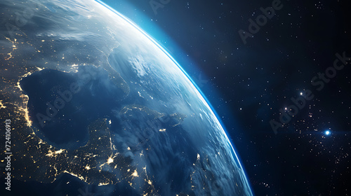 the earth from orbit with a blue background in
