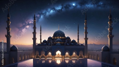 Night Sky Silhouette of a Big Mosque. Suitable for Ramadan concept, Islamic concept, Greeting card, Wallpaper, Background, Illustration, etc  © dreambender