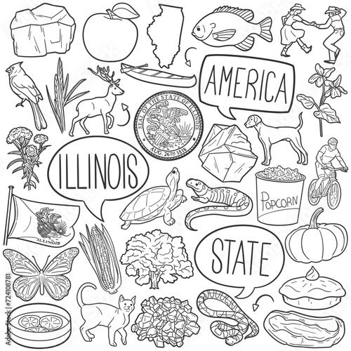 Illinois State Doodle Icons Black and White Line Art. United States Clipart Hand Drawn Symbol Design. photo