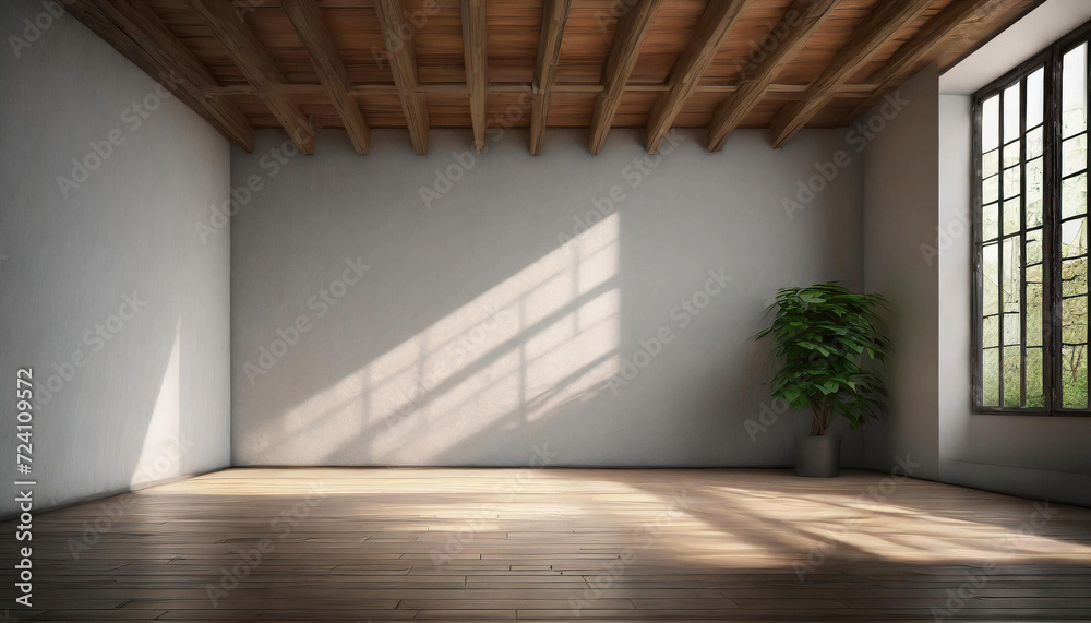 Obraz premium Experience the calmness of an empty room, bathed in natural light pouring through a large window, providing an ideal backdrop for captivating text or presentation backgrounds.