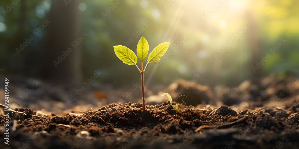 Seedling are growing in the soil and sun light or sunset, Plant growing out of the sunlit soil in a forest with defocused trees in the background, 
 - obrazy, fototapety, plakaty 