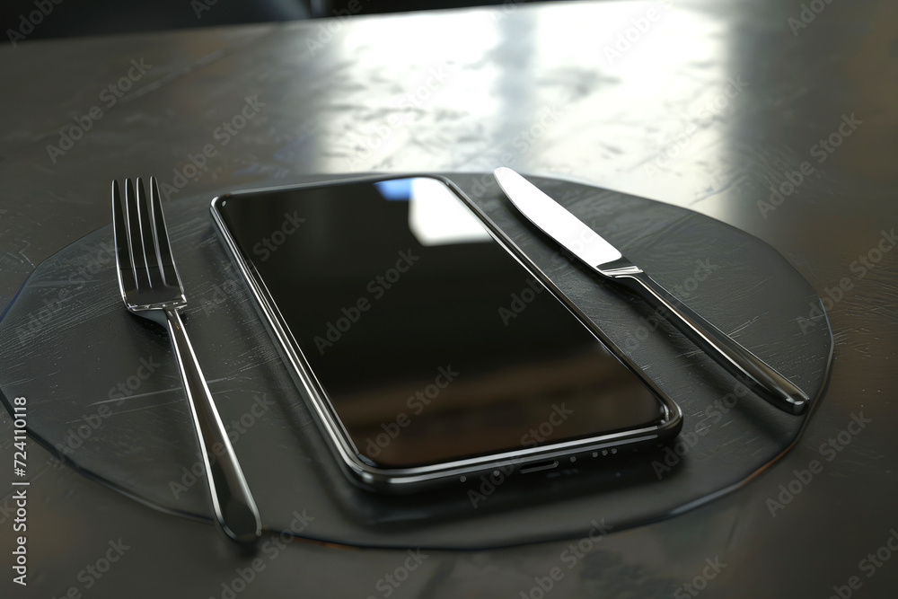 Smartphone on a plate with a fork and a knife