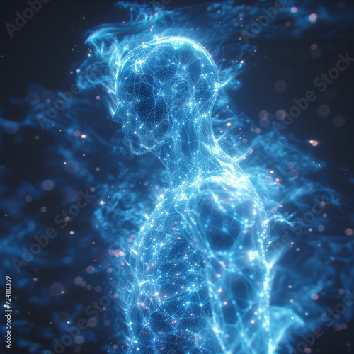 Luminous Digital Human Blueprint. A luminescent digital human form against a dark background, resembling a network of interconnected data points.