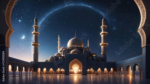 Silhouette of a Big Mosque in the Starry Night. Suitable for Ramadan concept, Islamic concept, Greeting card, Wallpaper, Background, Illustration, etc  © dreambender