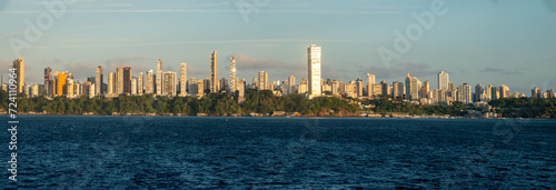 Panoramic view of the skyline of Salvador, Bahia, Brazil, from a sailing ship