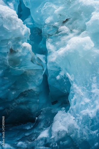 Close up view of the ice texture of a blue glacier