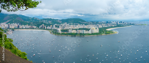 Scenic view of the Botafogo and Flamengo beaches, the city center and airport of Rio de Janeiro from the Urca  mountain top, Brazil photo