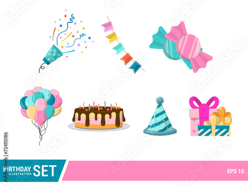 Collection of illustrations of birthday party decoration stickers. Gifts, birthday cakes, balloons, birthday hats. Vector illustration