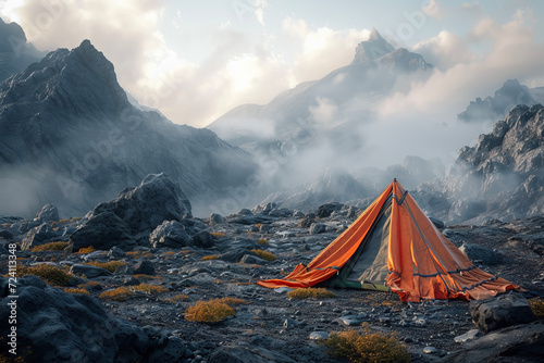 An explorer's campsite as adventurers embark on an unknown journey. Lifestyle concept of hiker and camp. © cwa