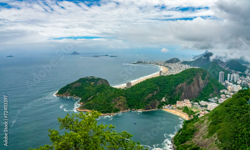 Aerial view of the beaches of Ipanema, Copacabana and Vermelha beaches from the top of the Sugarloaf mountain, Rio de Janeiro, Brazil