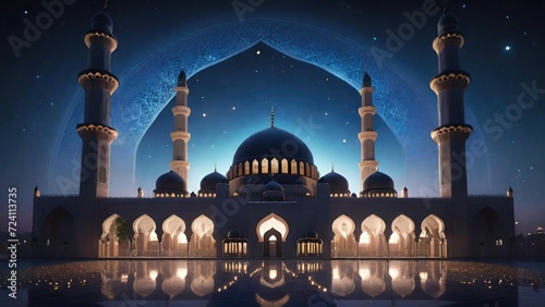 Starry Night Big Mosque Silhouette. Suitable for Ramadan concept, Islamic concept, Greeting card, Wallpaper, Background, Illustration, etc 