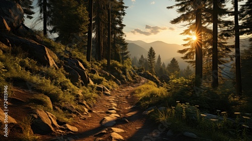 Beautiful landscape image of a forest road in the mountains at sunset