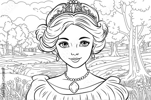 Young princess portrait coloring page. Outline black ink drawing antistress coloring book forest isolated on white vector illustration