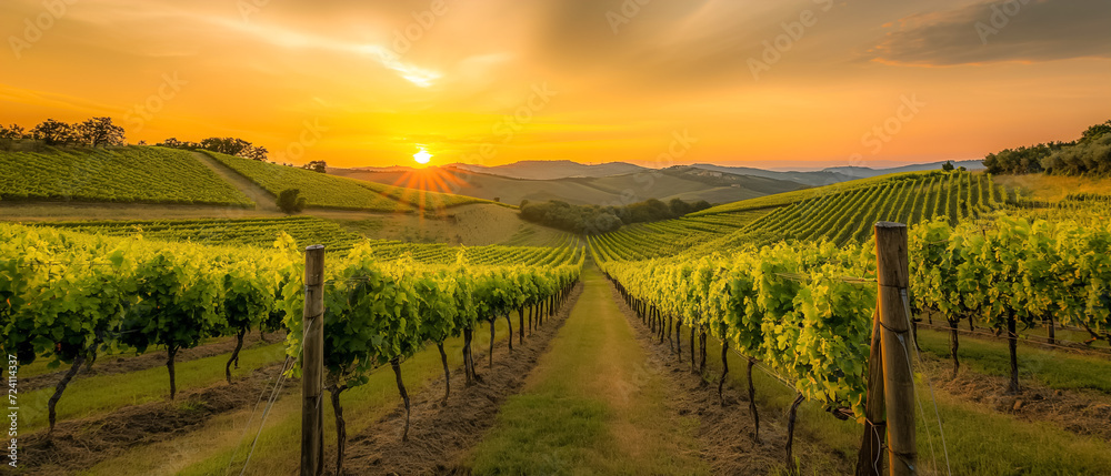 panoramic view of a summer vineyard at sunset. green vineyard rows at sunset