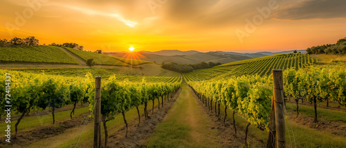 panoramic view of a summer vineyard at sunset. green vineyard rows at sunset