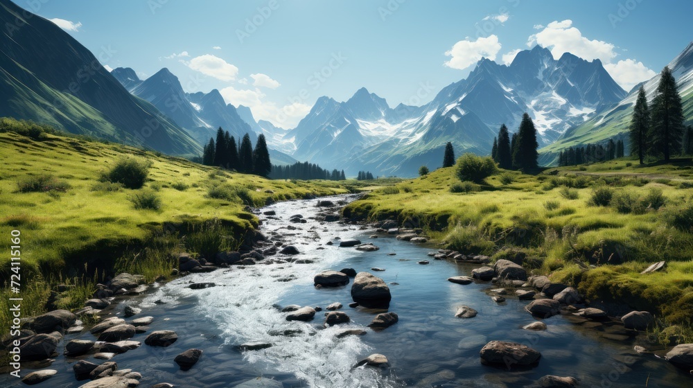 Beautiful mountain landscape with a river in the foreground and a mountain range in the background Beautiful mountain landscape with a river in the foreground and a mountain range in the background