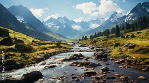 Beautiful mountain landscape with a river in the foreground and a mountain range in the background photo