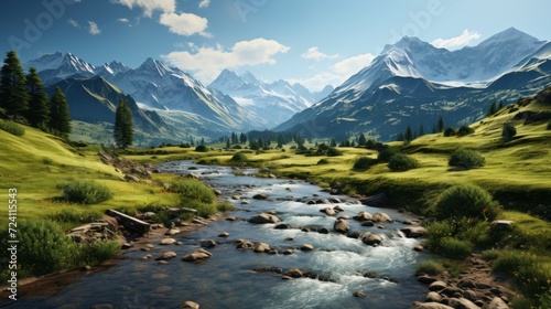 Beautiful mountain landscape with a river in the foreground and a mountain range in the background